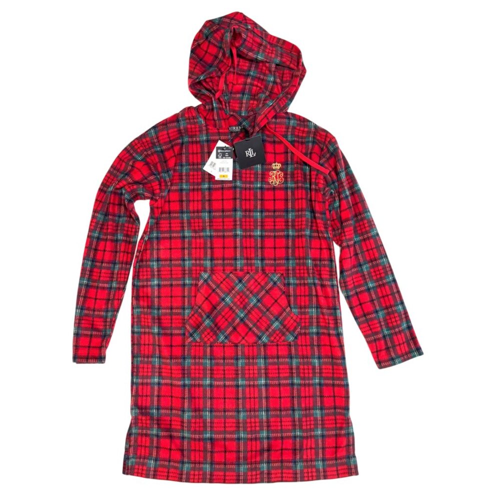 NWT Lauren Ralph Lauren Red Plaid Hooded Fleece Dress S